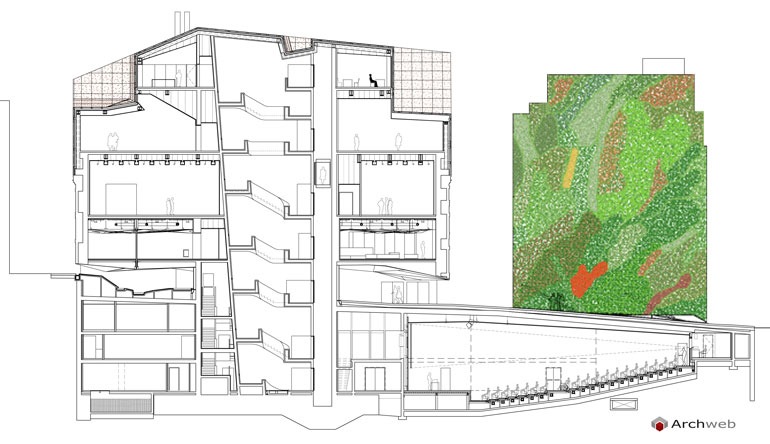 Sezione dwg della galleria arte moderna Caixa Forum a Madrid. Architetti Herzog & de Meuron