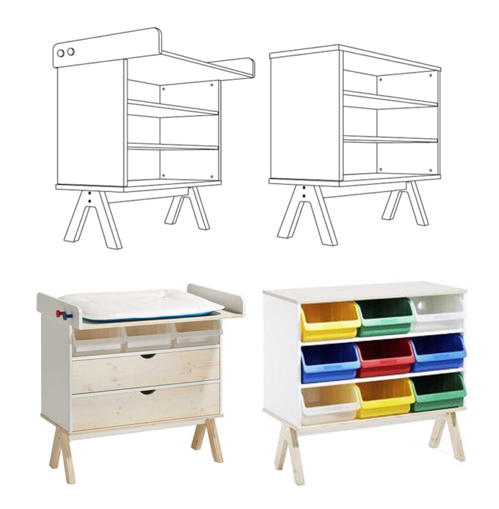The bedroom: transformable changing table