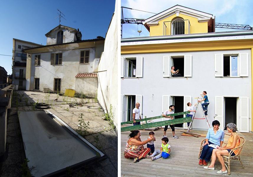 From cohousing to social housing: Numero zero project, photo of the terrace before and after