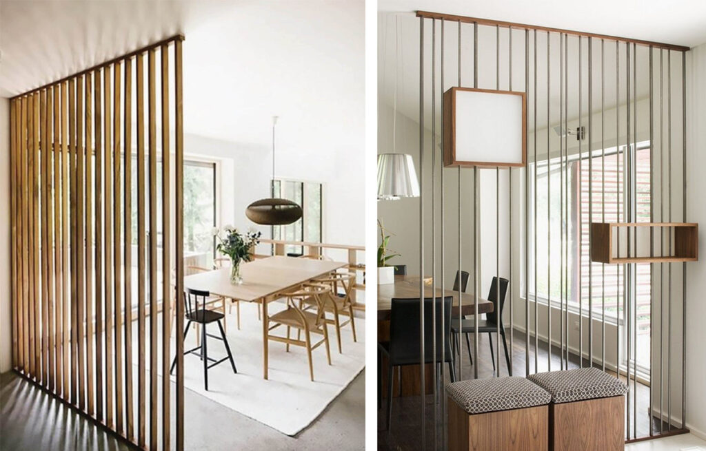 The living area: examples of dividing elements made up of wooden and metal slats