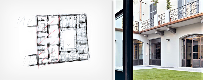 Design sketch and photo of the patio of a private house by Michele De Lucchi in Milan