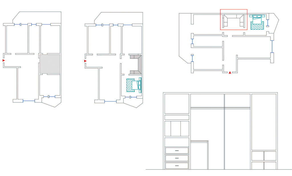 Plan project of a corner walk-in wardrobe