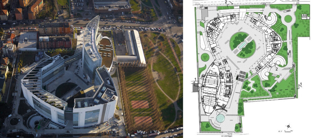 Work spaces: view from above and plan of the Vodafone Village in Milan