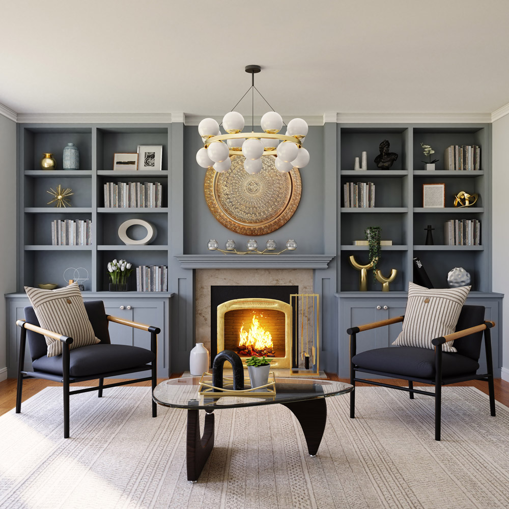 Furniture: photo living room with fireplace and integrated bookcase