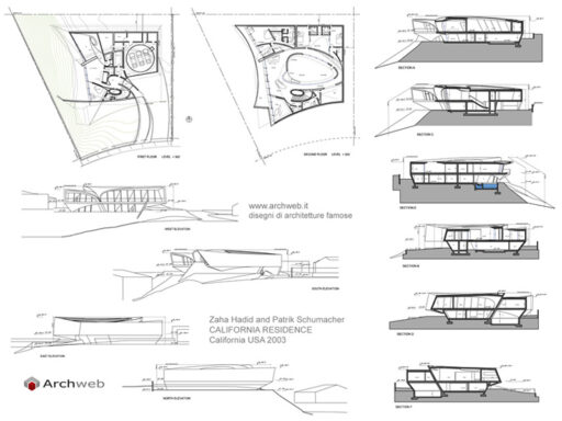 California residence - Zaha Hadid - Piante, prospetti e sezioni in scala 1:100 - Archweb