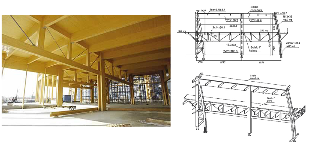Foto della struttura in legno lamellare e schema strutturale