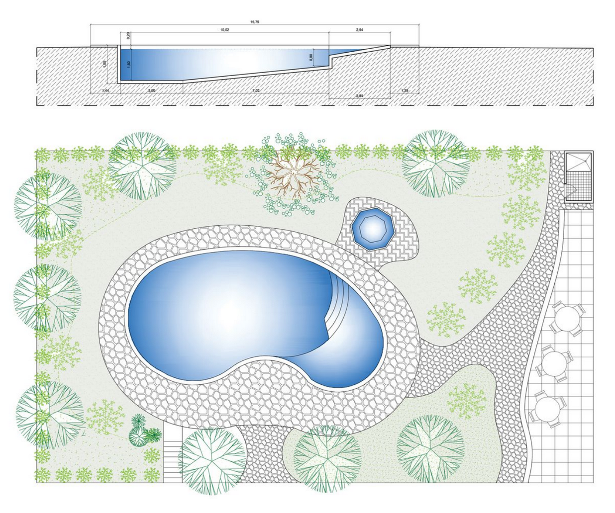 Disegno dwg pianta e sezione di una piscina