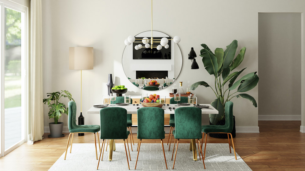Furniture: photo of the dining area in beige and forest green