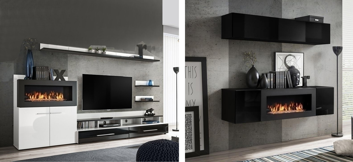 Two examples of a biofireplace integrated on a fitted wall and on a suspended piece of furniture