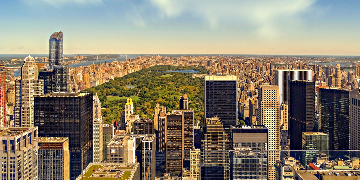 Vista prospettica dall'alto del Central Park di New York circondato da grattacieli.