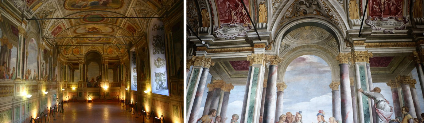 Convento del Sacro Cuore a Roma: vista del refettorio affrescato e dettaglio dei capitelli tridimensionali