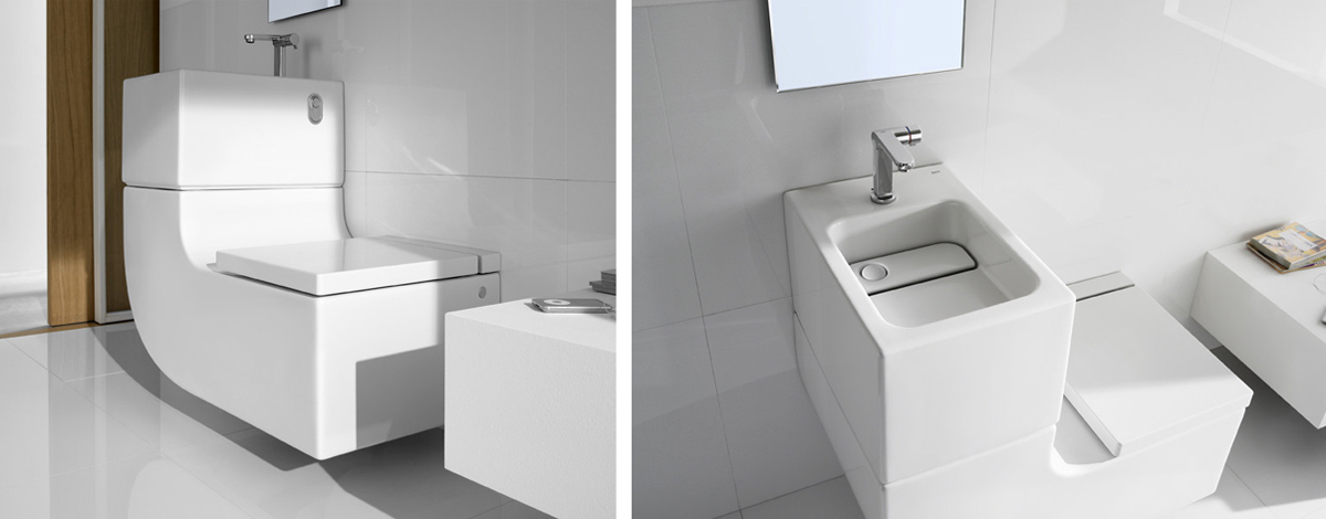 Il lavabo più vaso sanitario del marchio Roca concilia la doppia funzione di igiene personale e smaltimento dei rifiuti