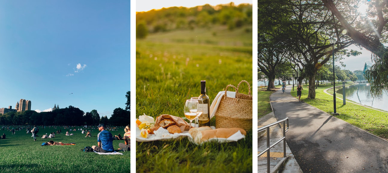 Immagine composta da tre fotografie che rappresentano momenti di relax nei parchi pubblici, bellezza e salubrità.