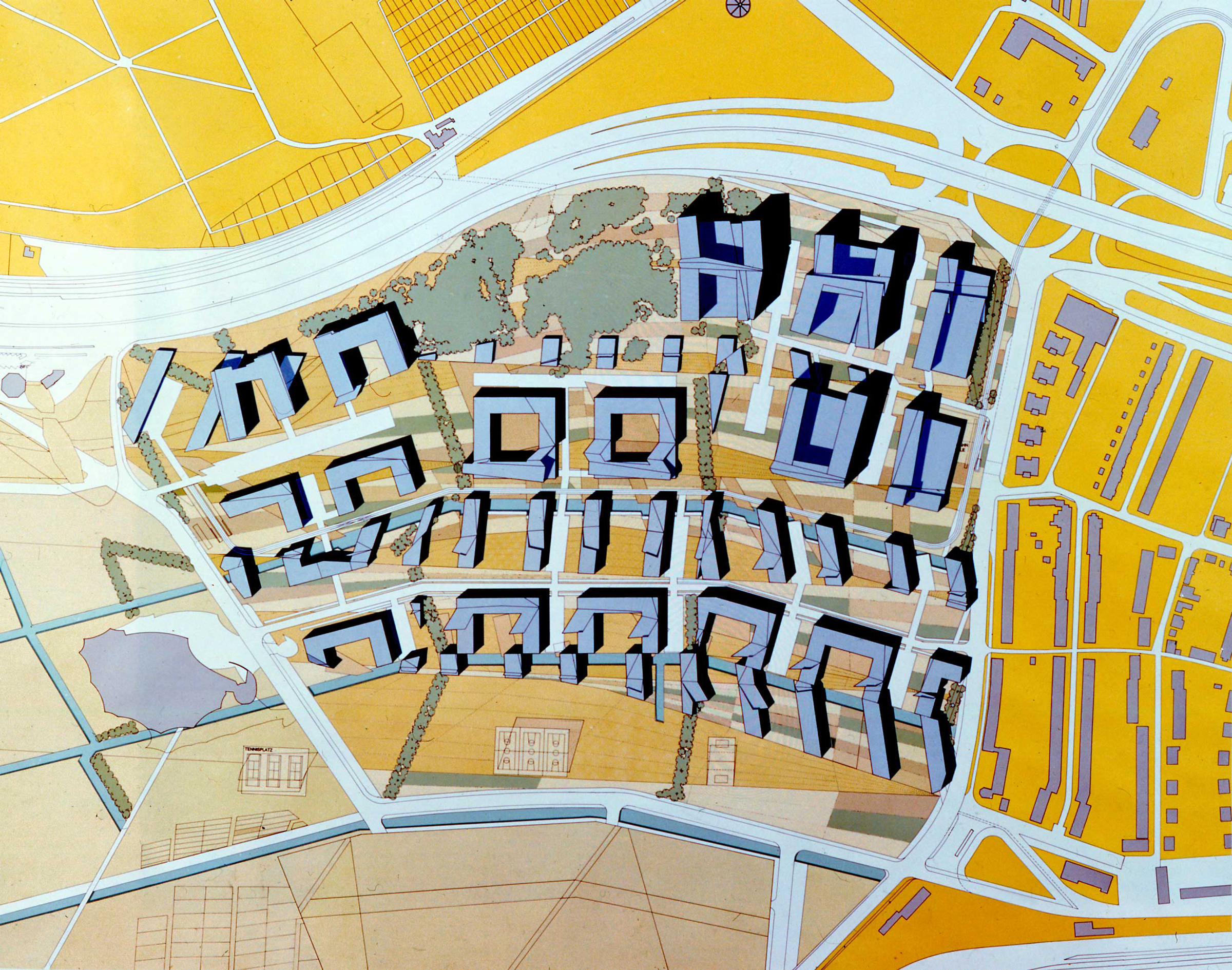 Project concept: studies on geometric grid plan of Rebstockpark. Peter Eisenman in Frankfurt