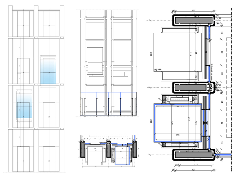 Drawing of two panoramic elevators