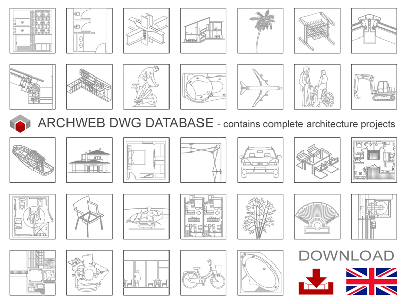 Database dwg in English. Archweb cad blocks