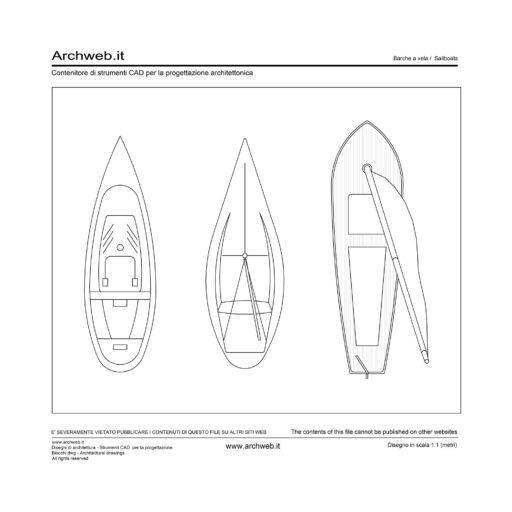 Tre piccole barche a vela disegnate in pianta