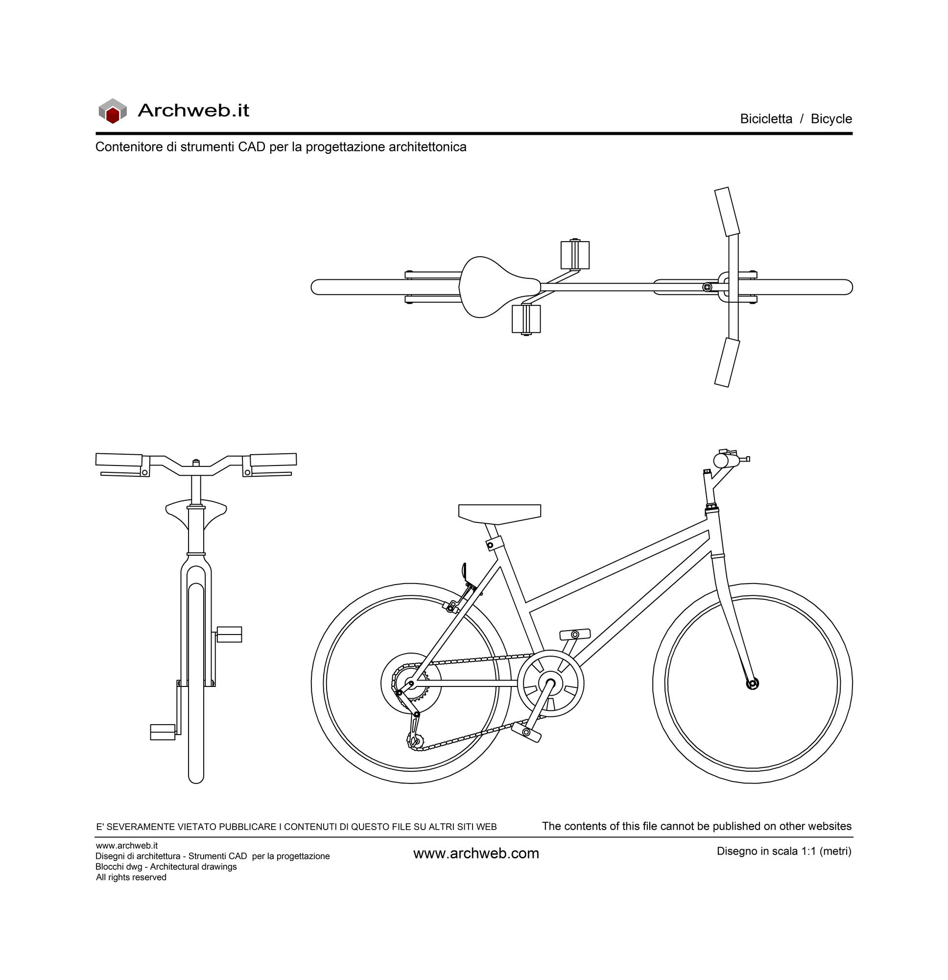 Disegno di una bicicletta con pianta e prospetto frontale e prospetto laterale