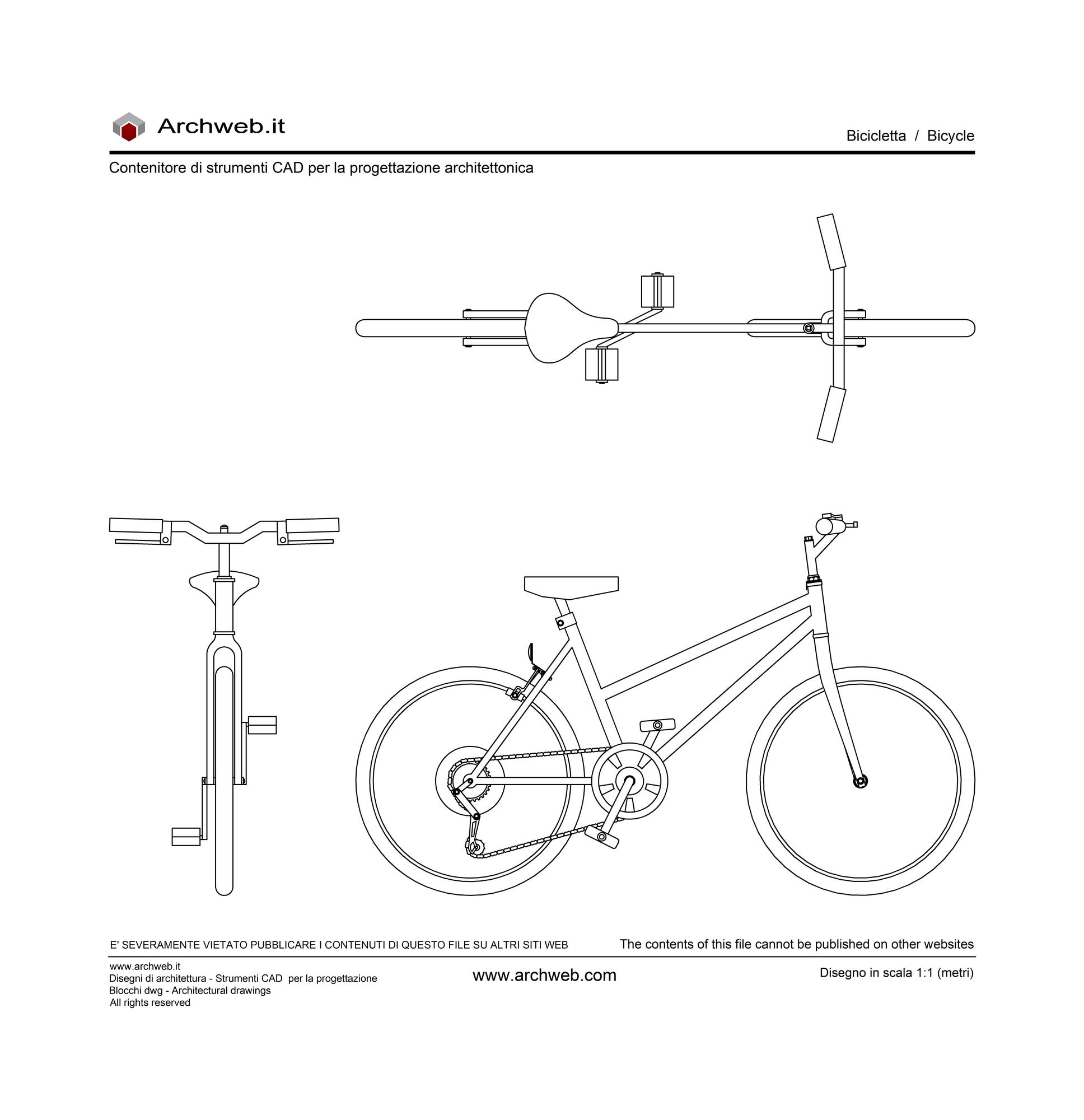 Bicicletta 01 dwg. Disegno di una bicicletta con pianta e prospetto frontale e prospetto laterale