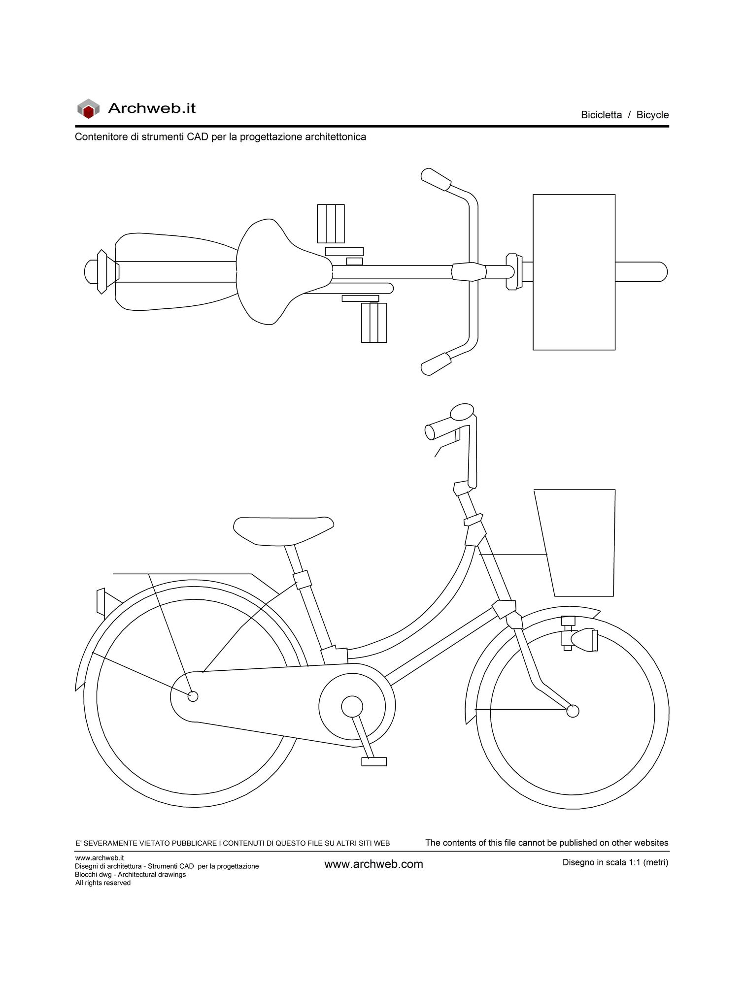 Disegno pianta e prospetto di una bicicletta