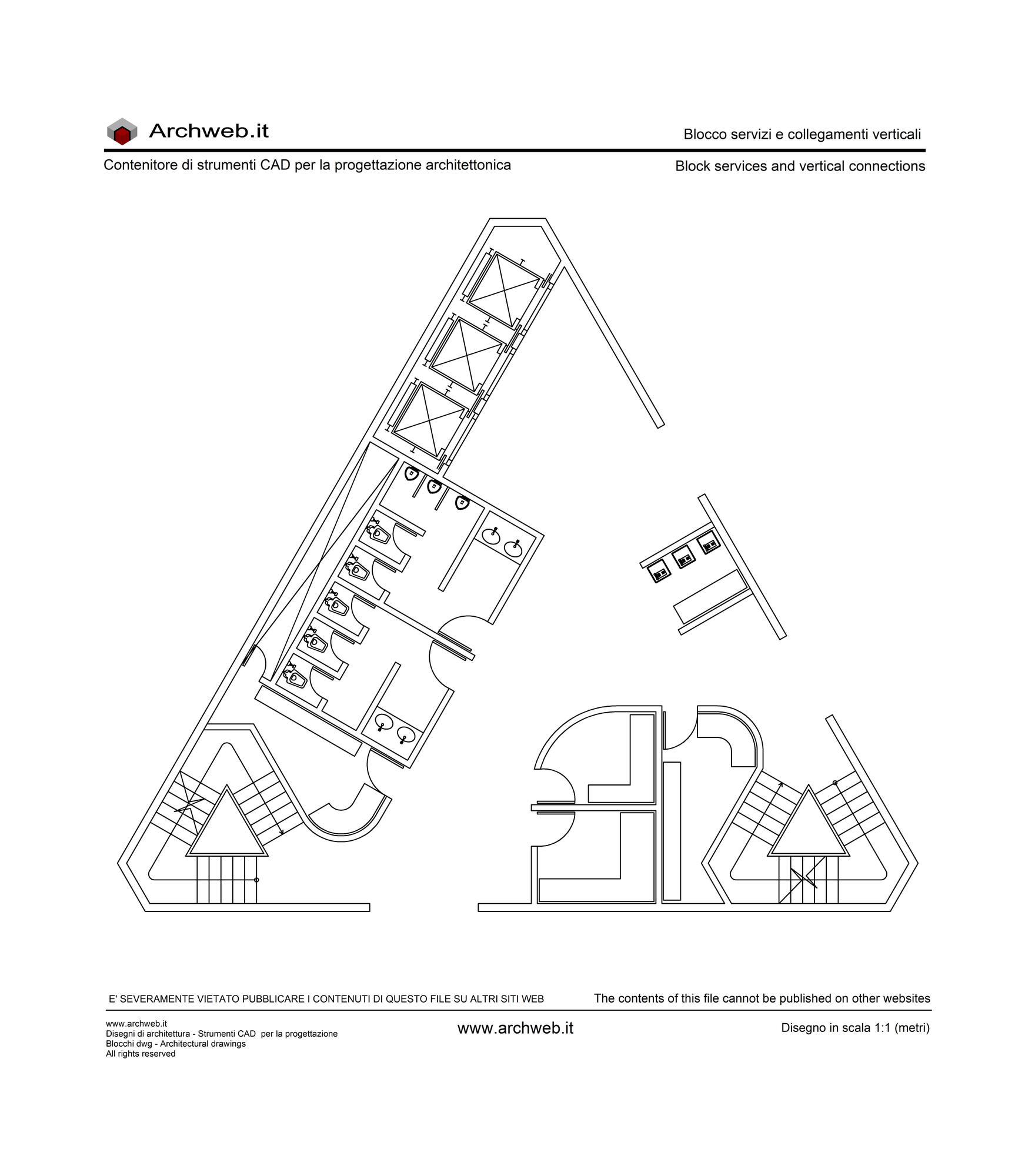 Disegno del blocco ascensori, scale e servizi