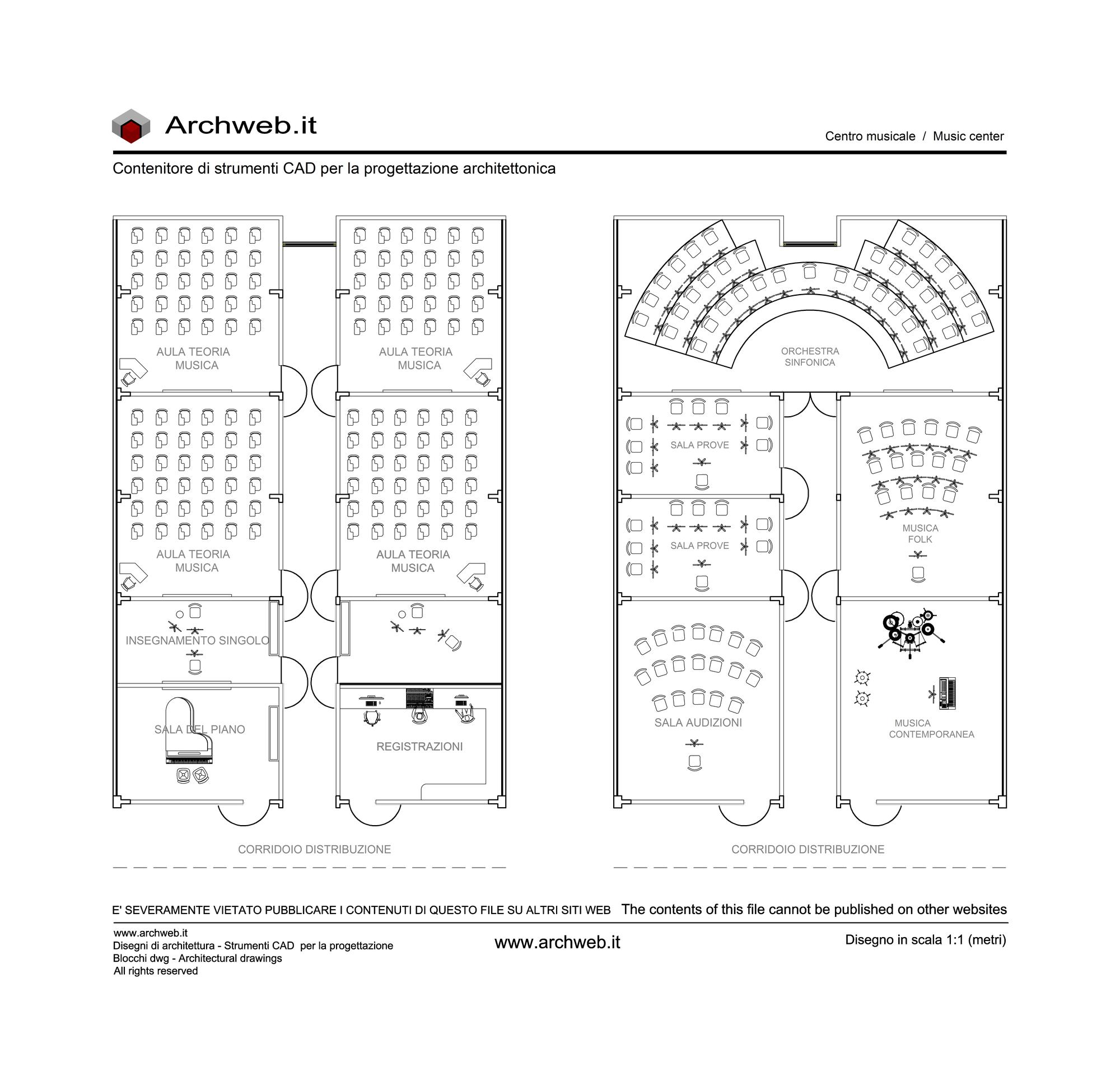 Centro musicale 01 pianta - Disegno dwg in scala 1:100 - Archweb