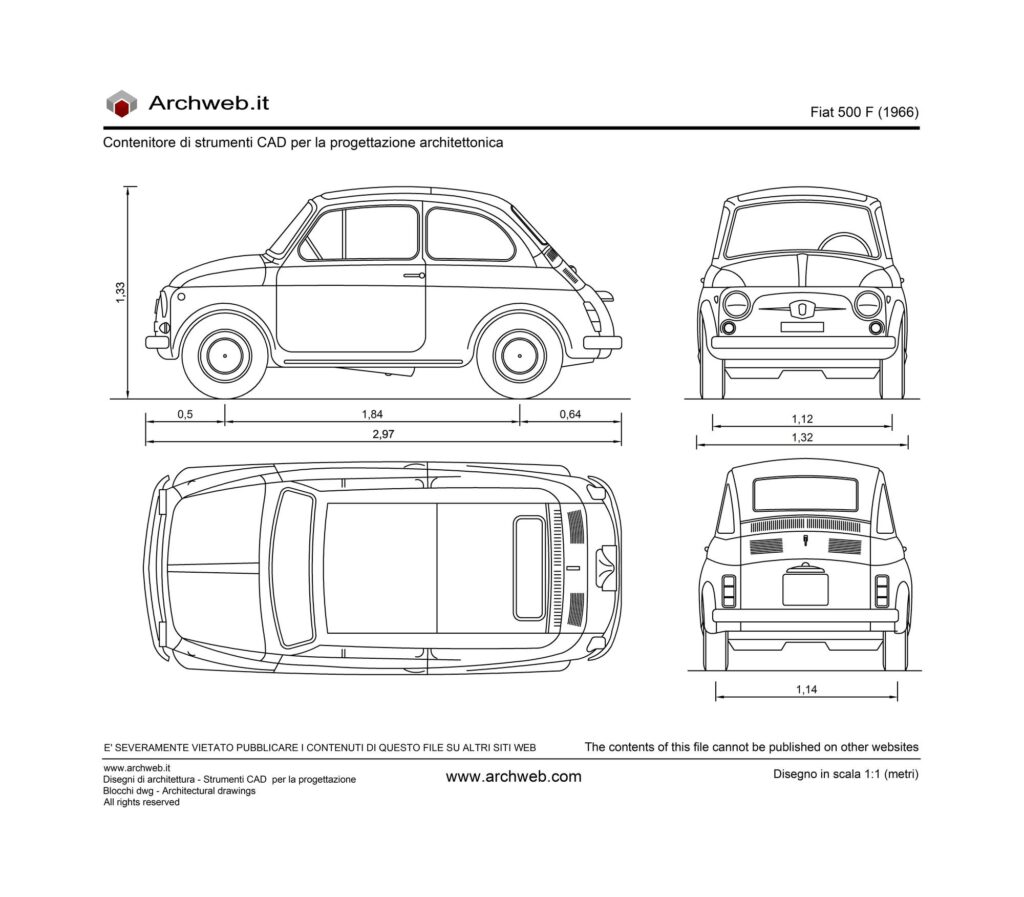 Fiat 500 F dwg. Disegno in scala 1:100.