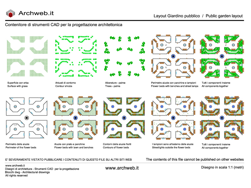 Giardino pubblico con layout componenti - Schema progettuale dwg- Archweb
