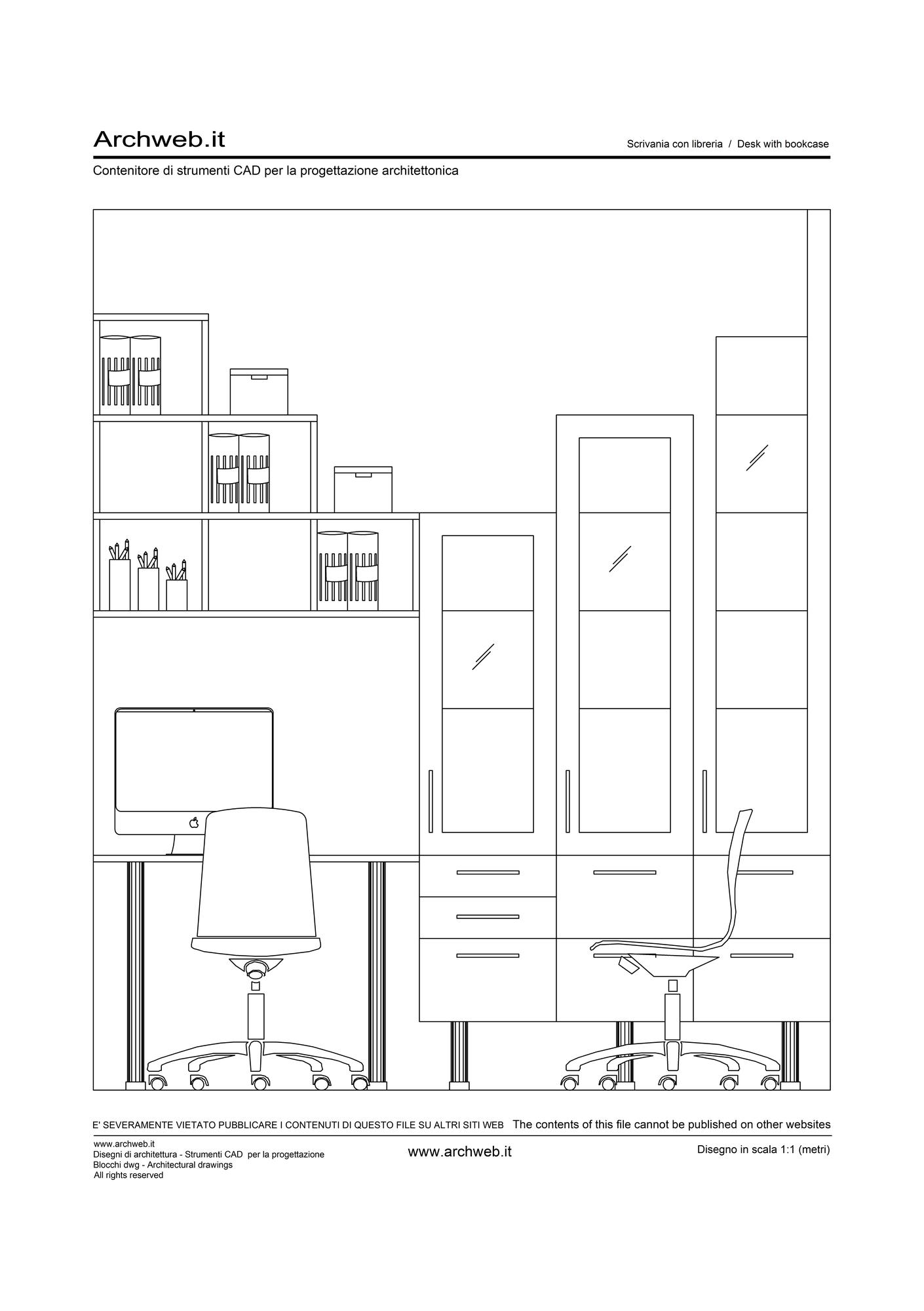 Scrivania con libreria dwg