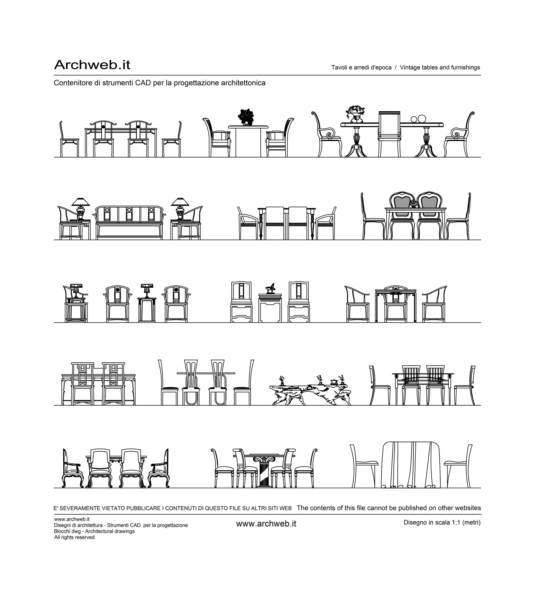 Disegni prospetto dei tavoli arredi d'epoca