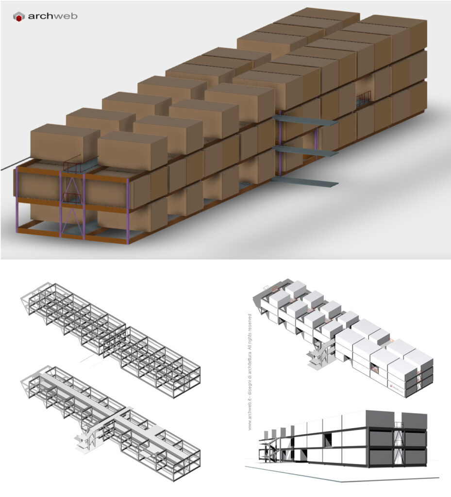 Aggregazione container alloggi 3D dwg