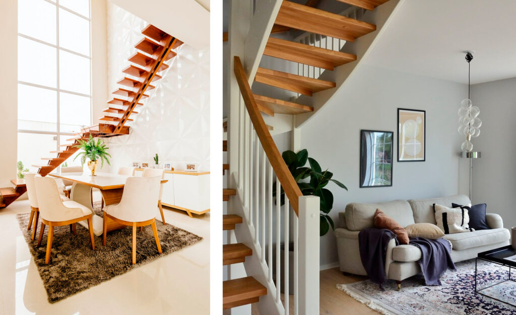 Two examples of studio apartment with mezzanine thanks to which the living area is divided from the sleeping area