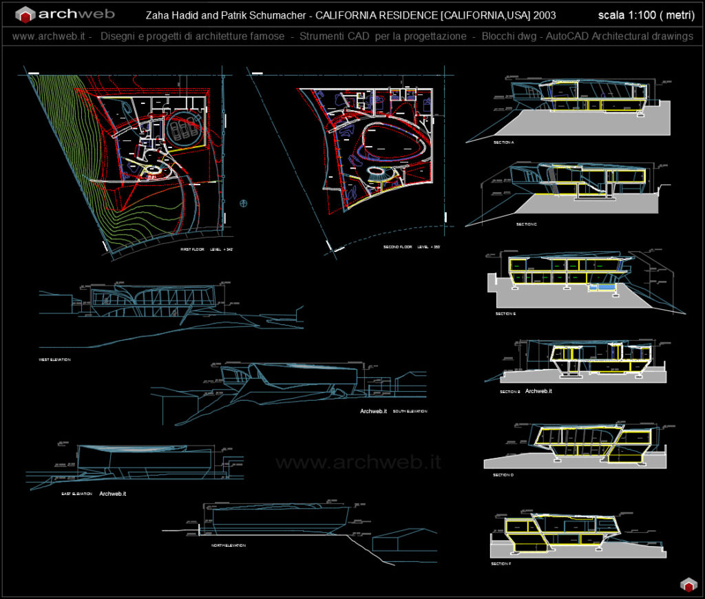 California residence - Zaha Hadid. File cad con pianta piano primo e piano secondo, prospetti e diverse sezioni in scala 1:100.