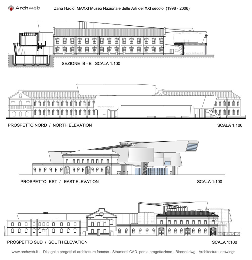 MAXXI Museo Nazionale delle Arti del XXI secolo. Prospetti e sezione dwg. Archweb