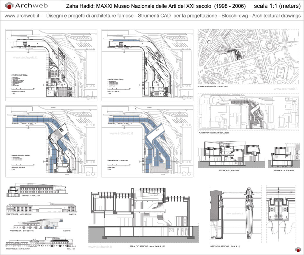 MAXXI Museo Nazionale delle Arti del XXI secolo. 2D Progetto dwg e dettagli costruttivi. Archweb dwg