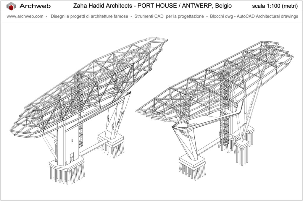 Antwerp Port House Zaha Hadid dwg, disegno in scala 1:100 della struttura. Archweb