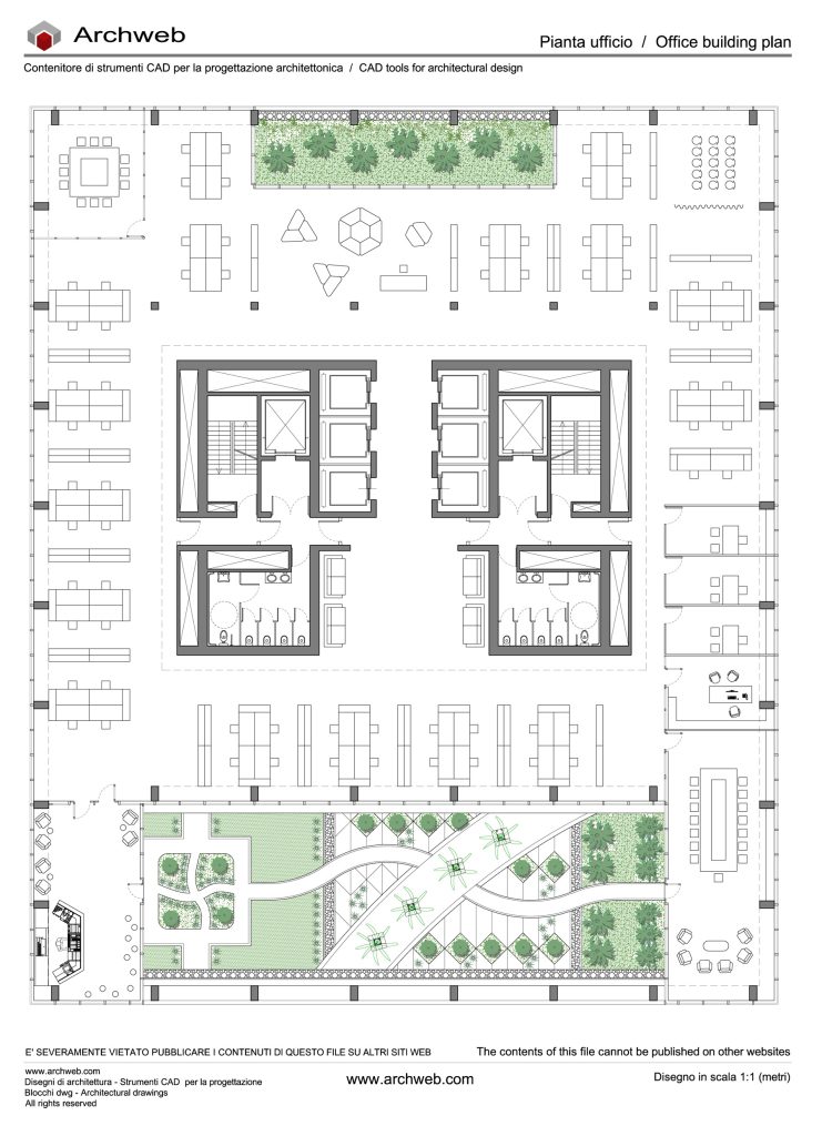 Green office scheme 01. Office-type floor plan with green area as an integral part of the work. Archweb dwg