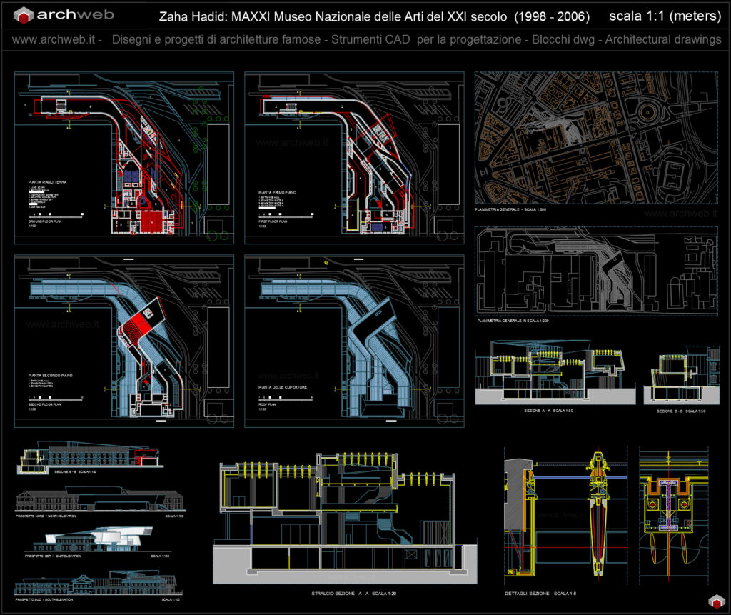 MAXXI Museo Nazionale delle Arti del XXI secolo. 2D Progetto CAD e dettagli costruttivi. Archweb dwg