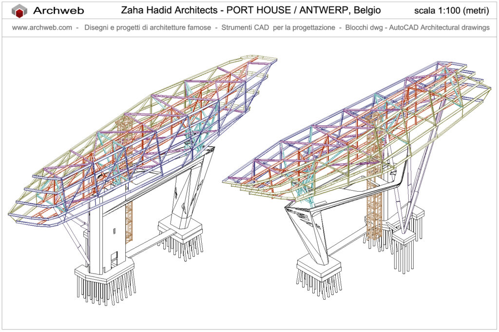 Antwerp Port House Zaha Hadid dwg, disegno in scala 1:100 della struttura. Archweb