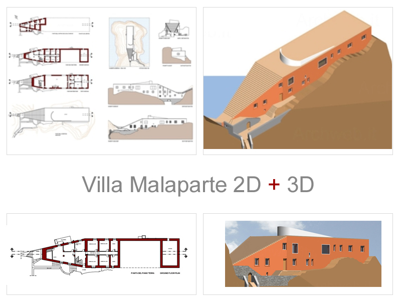 Villa Malaparte 2D + 3D. AutoCAD dwg files. Scale 1:100.