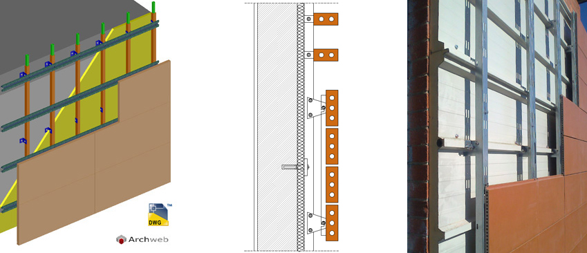 Example of ventilated wall: dwg section, 3D and photo