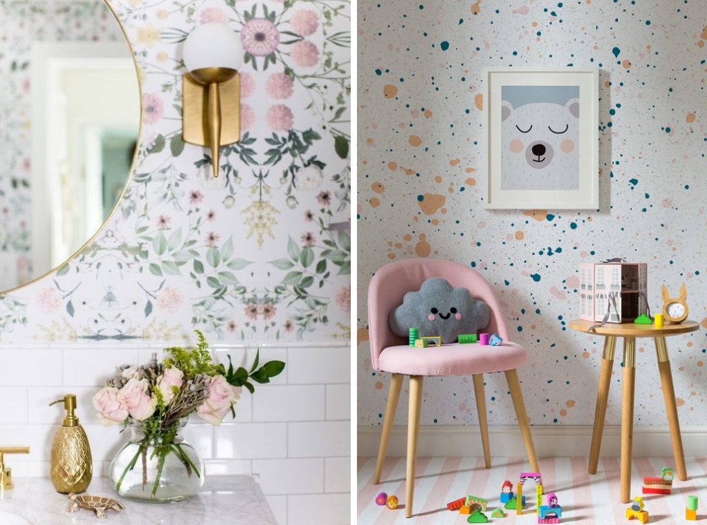 Examples of washable wallpaper, in the bathroom over the tiles and in the bedroom
