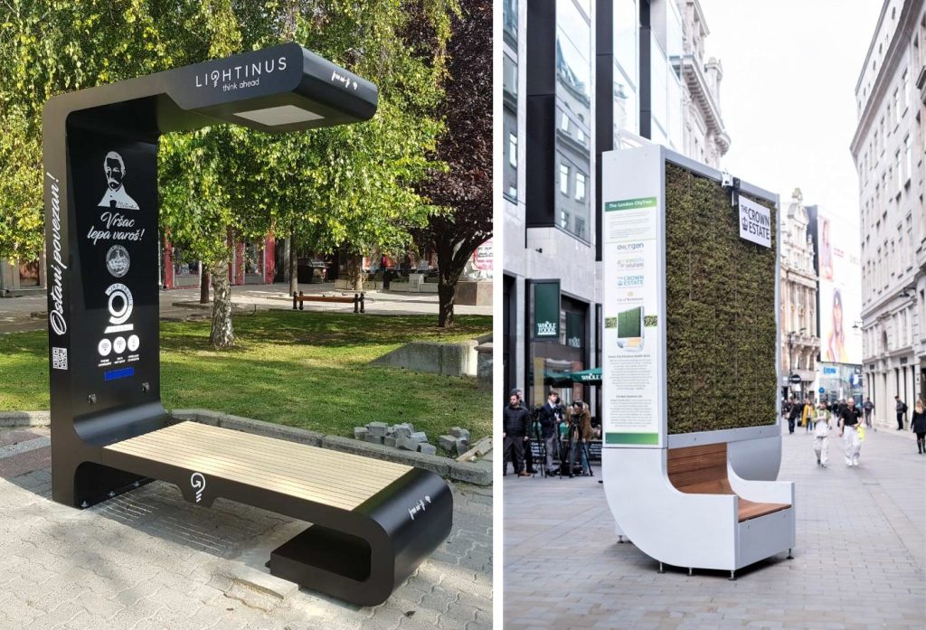 Panchina solare smart con sistemi per la ricarica dei dispositivi e panchina dotata di inserti verdi in grado di purificare l’aria all’interno delle strade cittadine