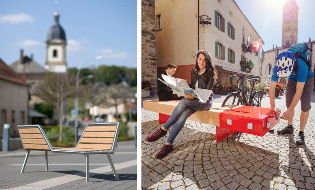 Sedute vis-à-vis e panchina multifunzionale con rastrelliera per bici e porte usb per la ricarica dei dispositivi mobili