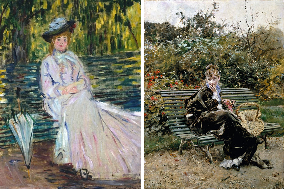 Painting by Claude Monet: woman sitting on a bench. Painting by Giovanni Boldini: on the bench