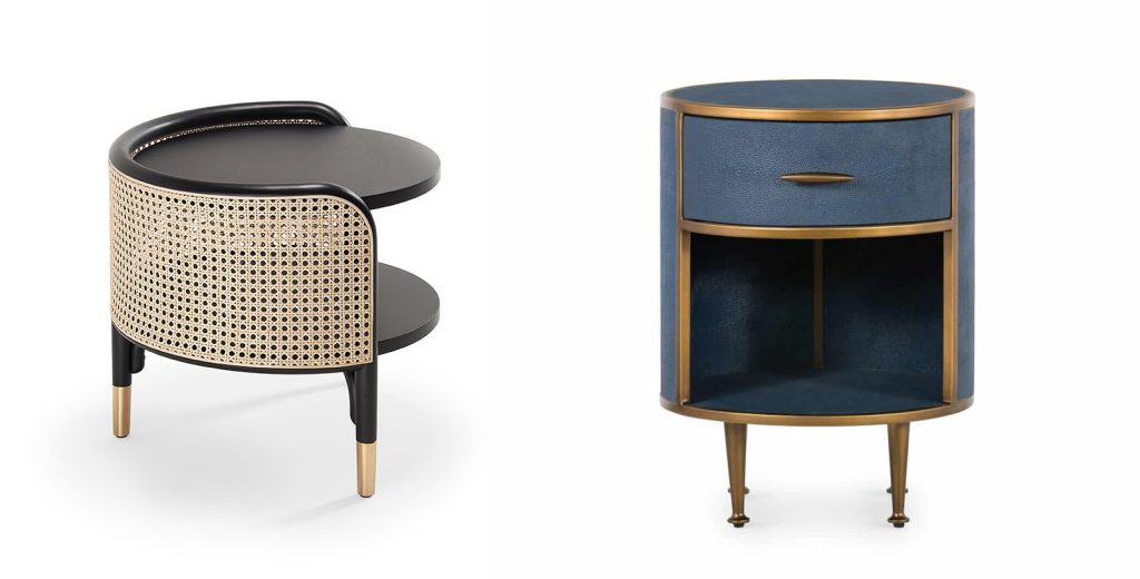 Bedside tables with fine finishes: Vienna straw, leather and brass. Designer: GamFratesi