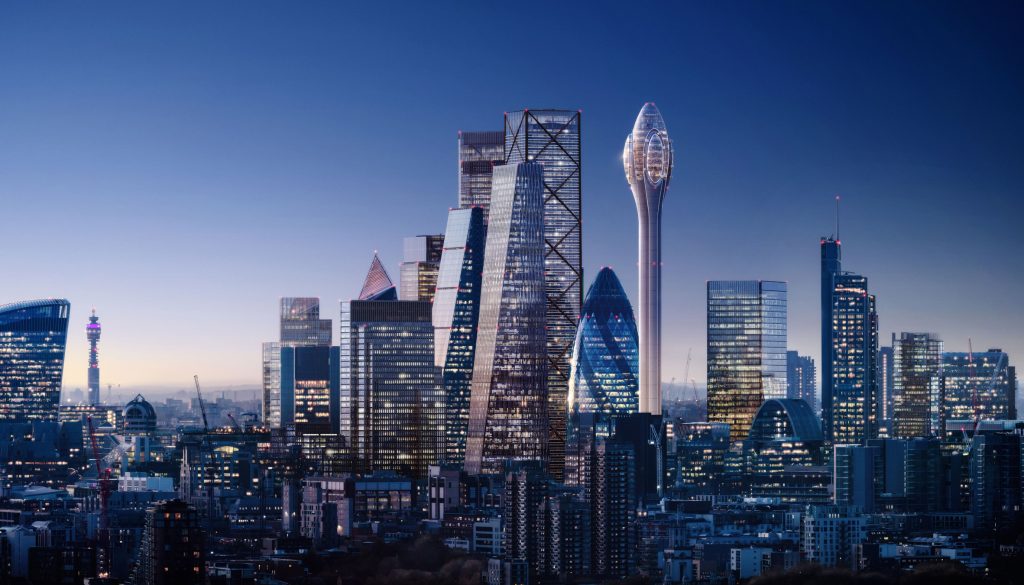 Skyline di Londra con il grattacielo chiamato "Tulip" progettato dagli architetti Foster + Partners