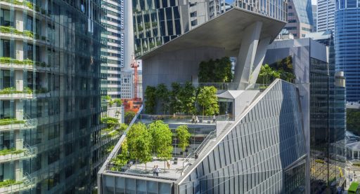 Photo of Robinson tower designed by KPF: front view of the terraces with squares and garden