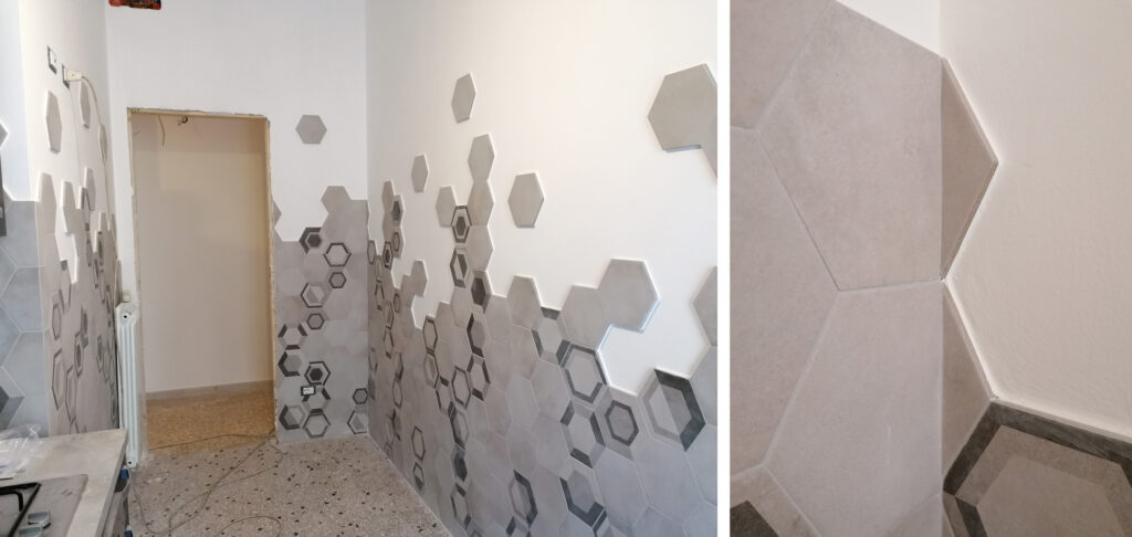 Construction site photo: a case of laying hexagonal tiles - corner detail