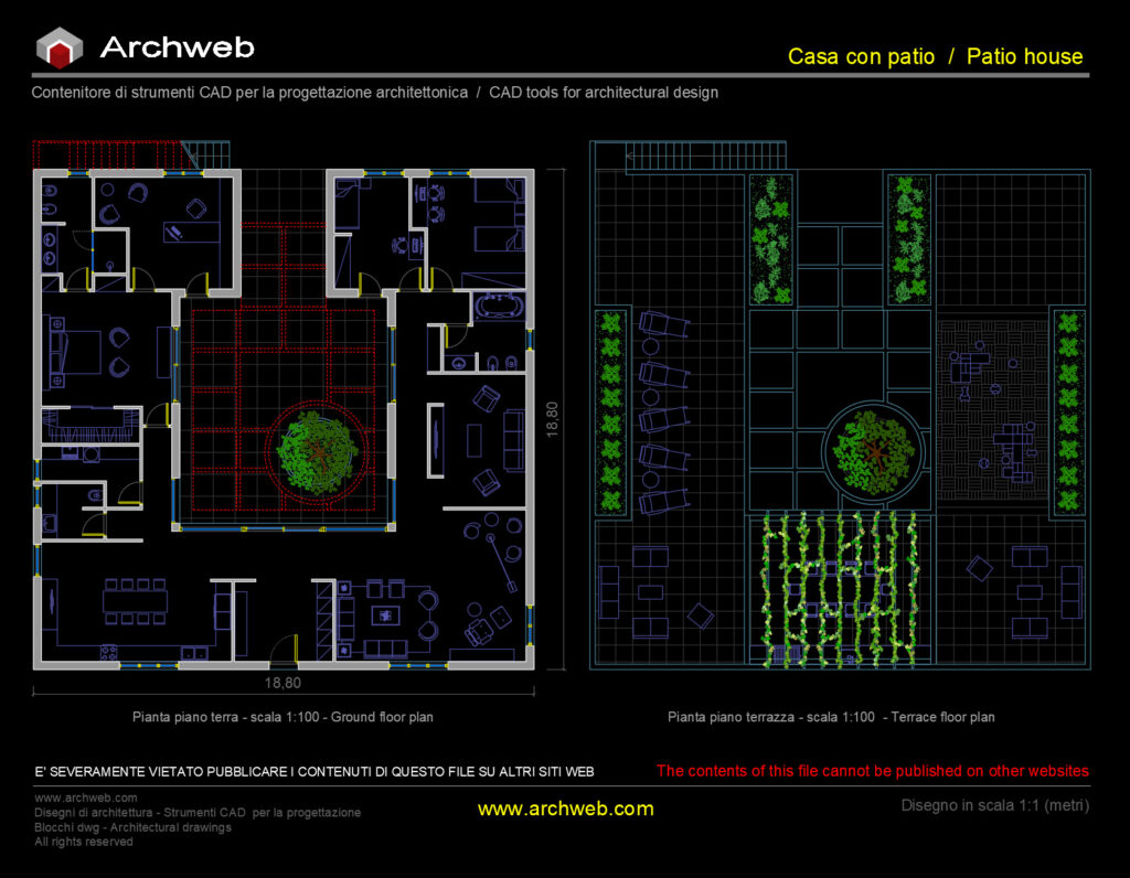 Casa con patio 25 - Pianta CAD in scala 1:100 - Archweb